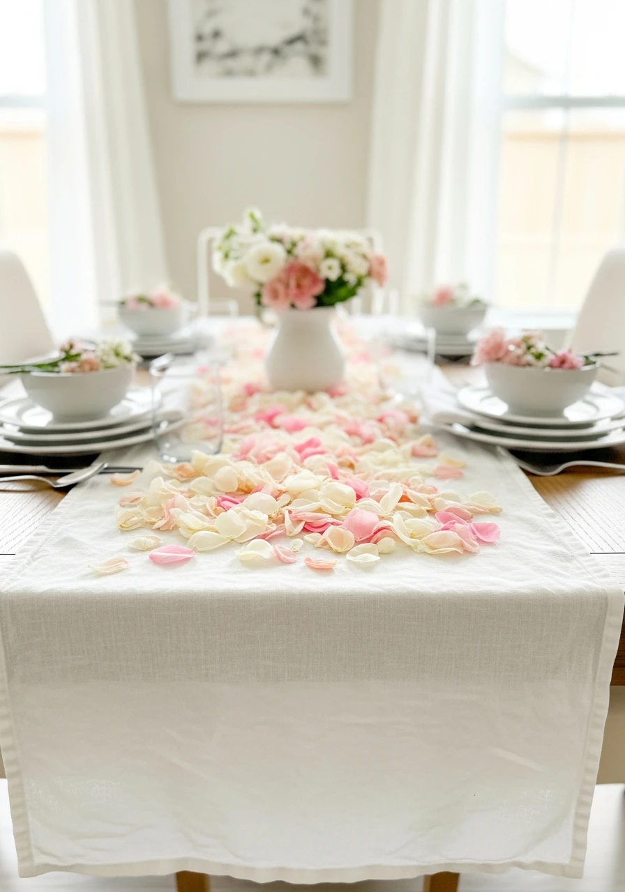 White Runner with Petals - 50 Easter Tablescape Ideas
