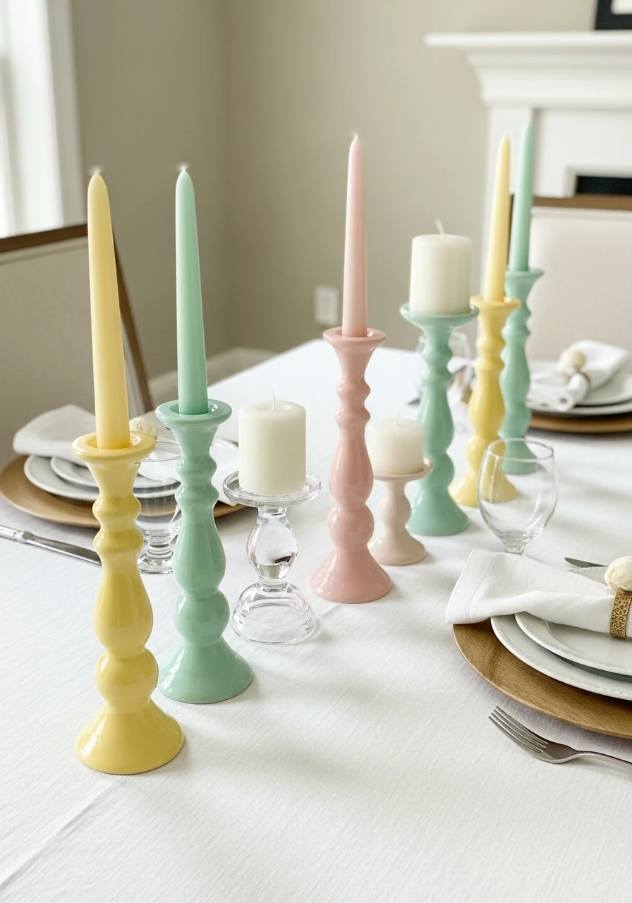 Pastel Candle Holder Table - 50 Easter Tablescape Ideas