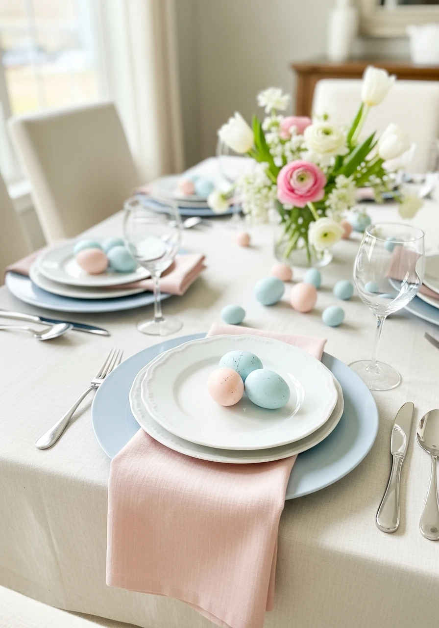 Blush and Soft Blue Table - 50 Easter Tablescape Ideas