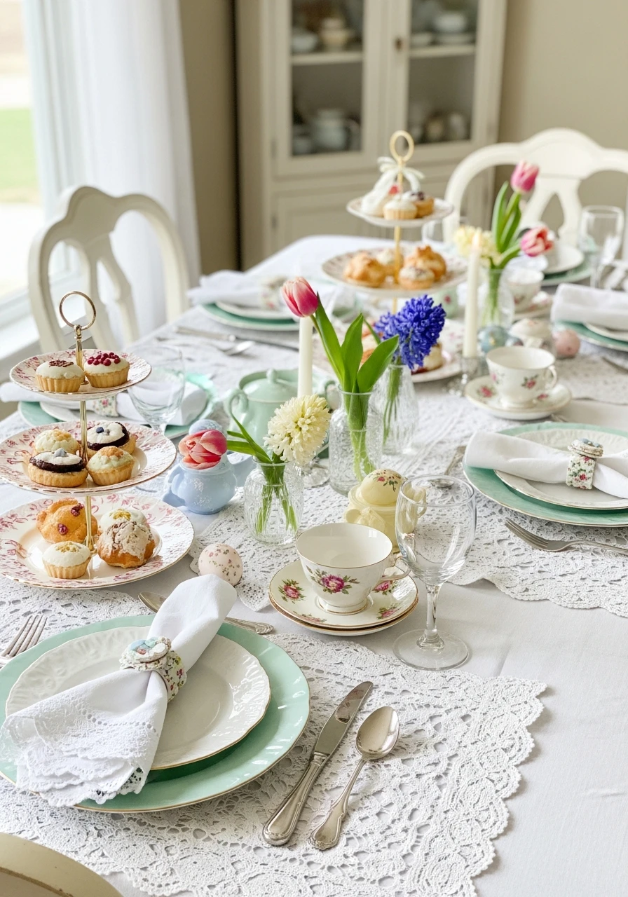 Vintage Tea Party Table - 50 Easter Tablescape Ideas
