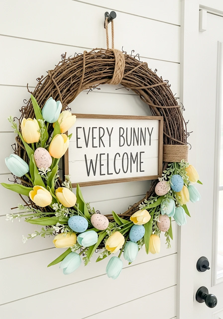 Text Welcome Wreath - 50 Easter Wreaths for Front Door That Look Amazing