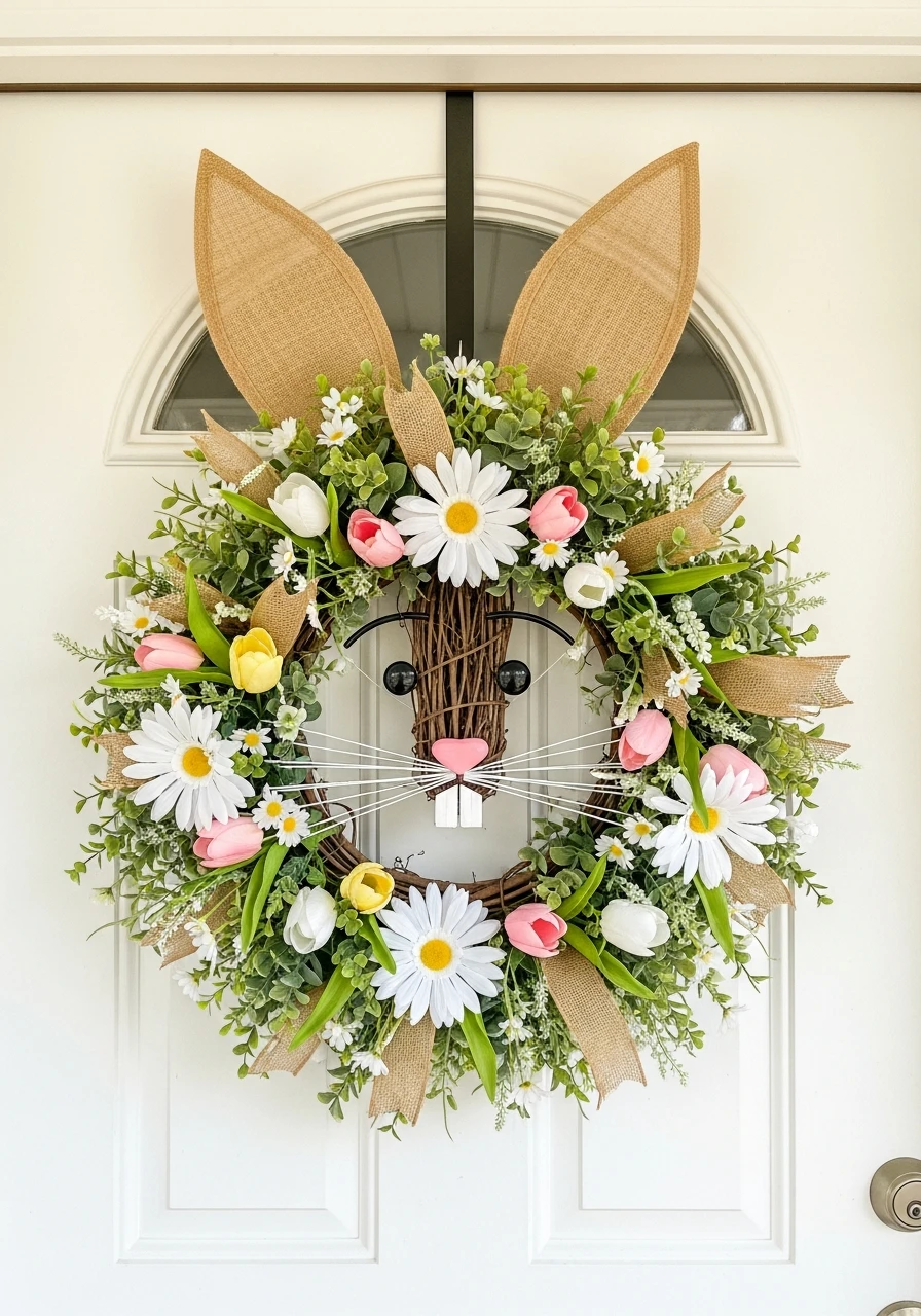 Playful Bunny Face Wreath - 50 Easter Wreaths for Front Door That Look Amazing