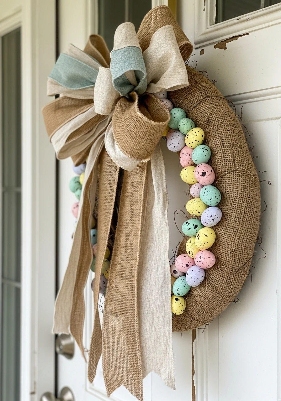 Burlap Ribbon Egg Wreath - 50 Easter Wreaths for Front Door That Look Amazing