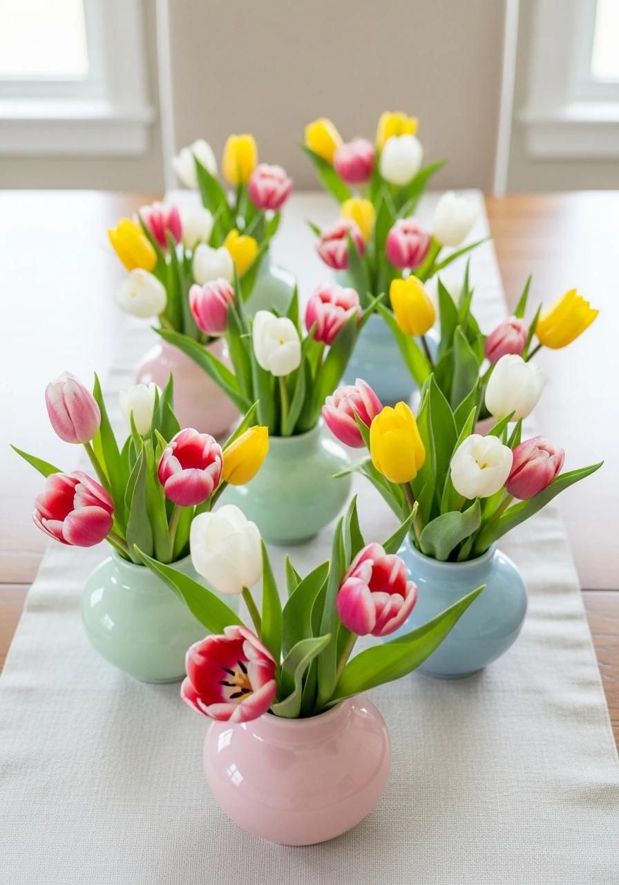 Fresh Tulips In Pastel Vases - 50 Best Easter Centerpiece Ideas for Your Home