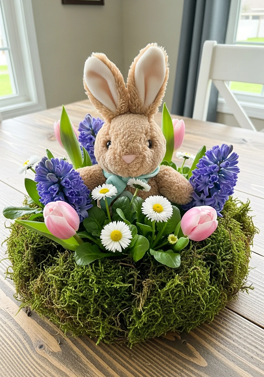 Plush Bunny In Flowers - 50 Best Easter Centerpiece Ideas for Your Home
