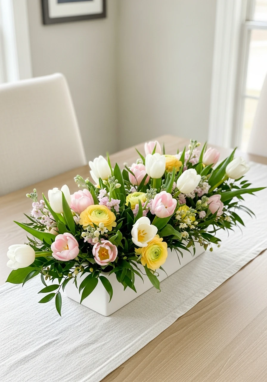 Mixed Flowers In A Low Planter - 50 Best Easter Centerpiece Ideas for Your Home