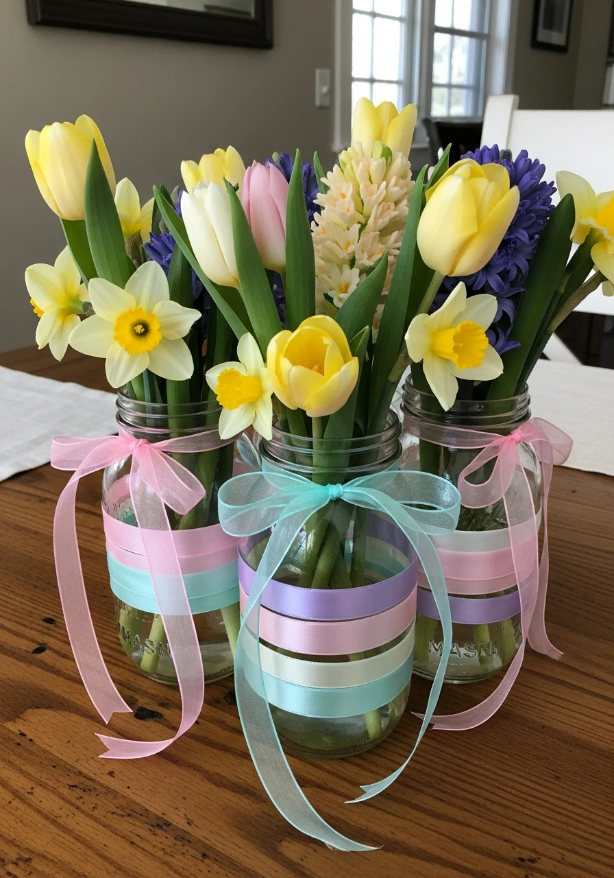 Ribbon Wrapped Mason Jars - 50 Best Easter Centerpiece Ideas for Your Home
