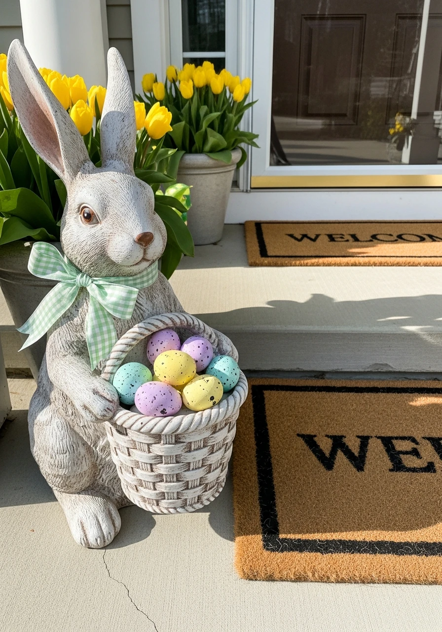 Bunny Statue With Eggs - 50 Best Easter Front Porch Decor Ideas That Look Expensive