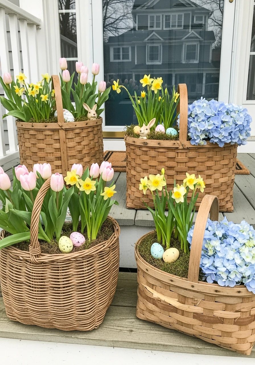 Woven Baskets With Flowers - 50 Best Easter Front Porch Decor Ideas That Look Expensive