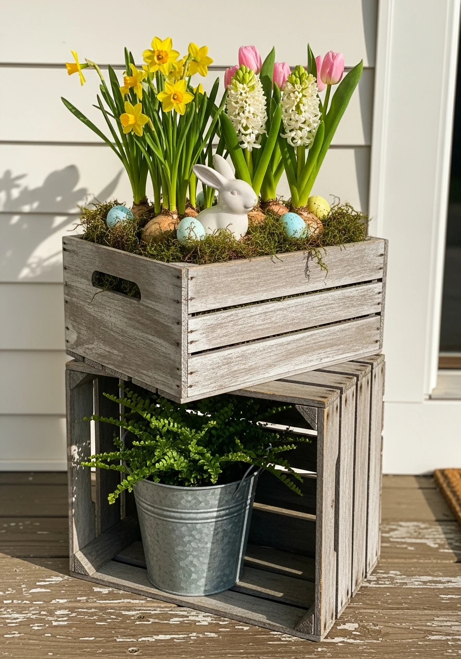 Stacked Wooden Crate Display - 50 Best Easter Front Porch Decor Ideas That Look Expensive