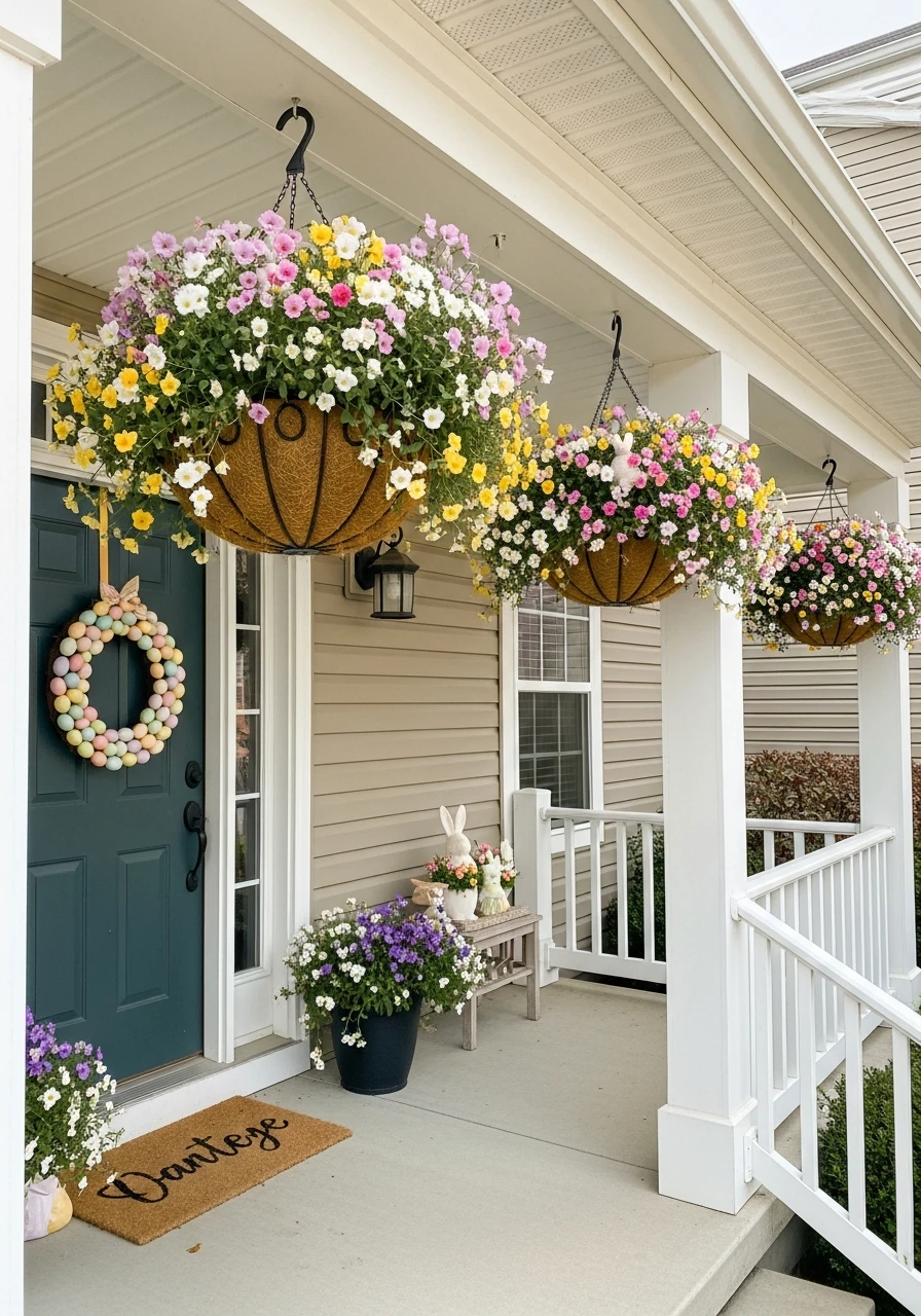 Hang Flower Baskets High - 50 Best Easter Front Porch Decor Ideas That Look Expensive