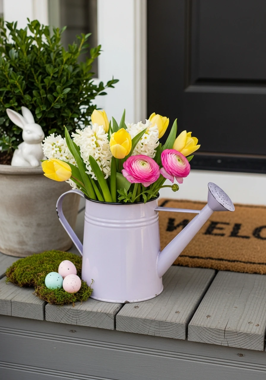 Watering Can Flower Accent - 50 Best Easter Front Porch Decor Ideas That Look Expensive