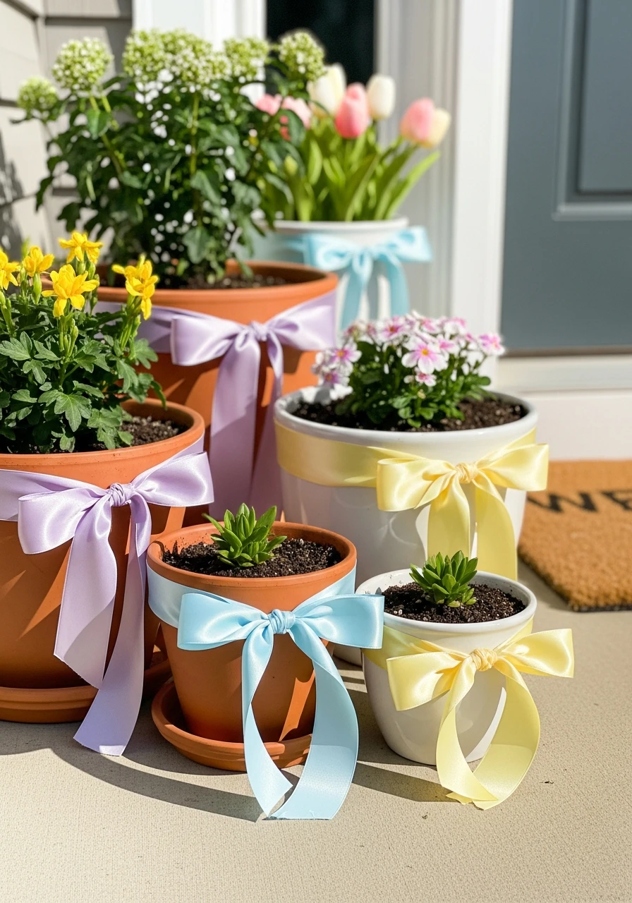 Add Pastel Ribbon To Pots - 50 Best Easter Front Porch Decor Ideas That Look Expensive
