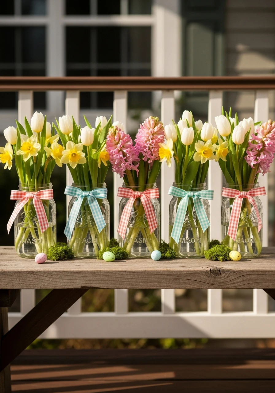 Mason Jar Flower Display - 50 Best Easter Front Porch Decor Ideas That Look Expensive
