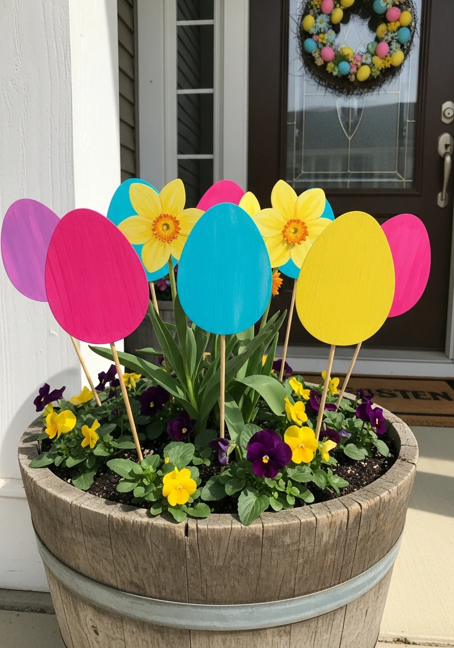 Colorful Wooden Egg Stakes - 50 Best Easter Front Porch Decor Ideas That Look Expensive