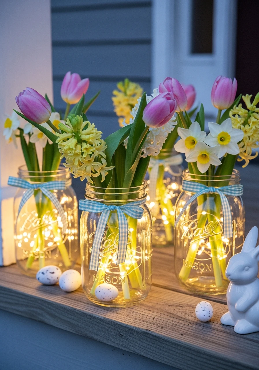 Lantern Jars With Lights - 50 Best Easter Front Porch Decor Ideas That Look Expensive