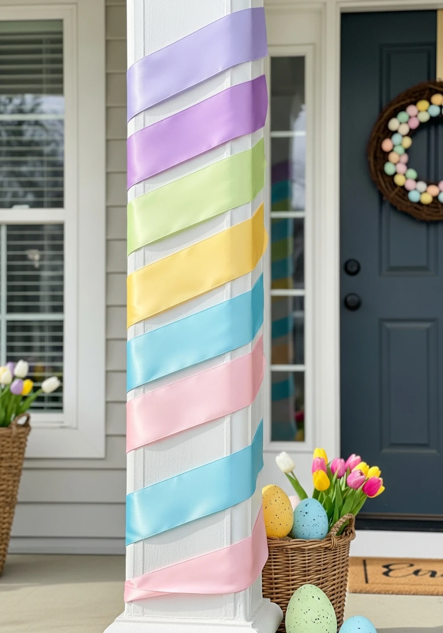 Wrap Columns With Ribbon - 50 Best Easter Front Porch Decor Ideas That Look Expensive