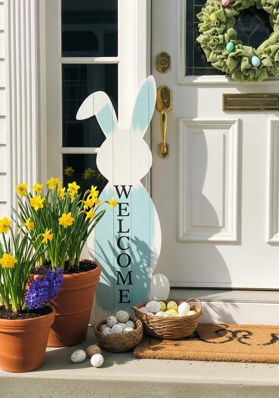 Freestanding Bunny Welcome Board - 50 Best Easter Front Porch Decor Ideas That Look Expensive