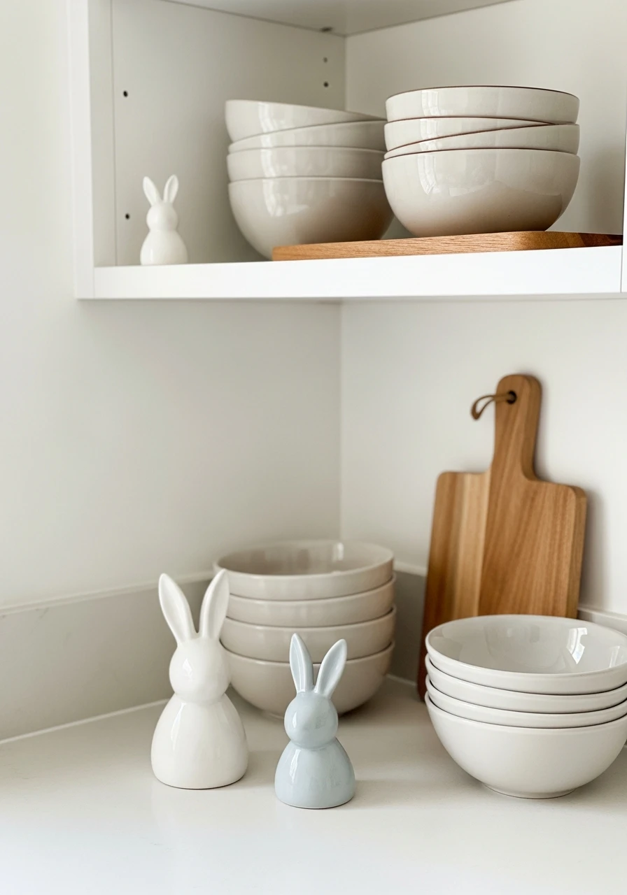 Ceramic Bunny Shelf Decor - 50 Budget-Friendly Easter Kitchen Decor Ideas You Can Do Today