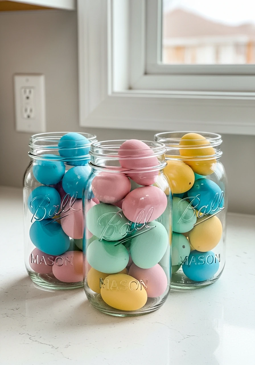 Painted Egg Mason Jar Display - 50 Budget-Friendly Easter Kitchen Decor Ideas You Can Do Today