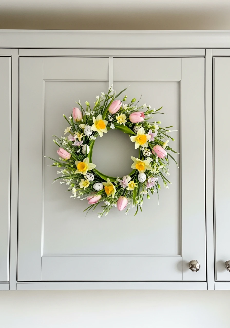Cabinet Door Floral Wreath - 50 Budget-Friendly Easter Kitchen Decor Ideas You Can Do Today
