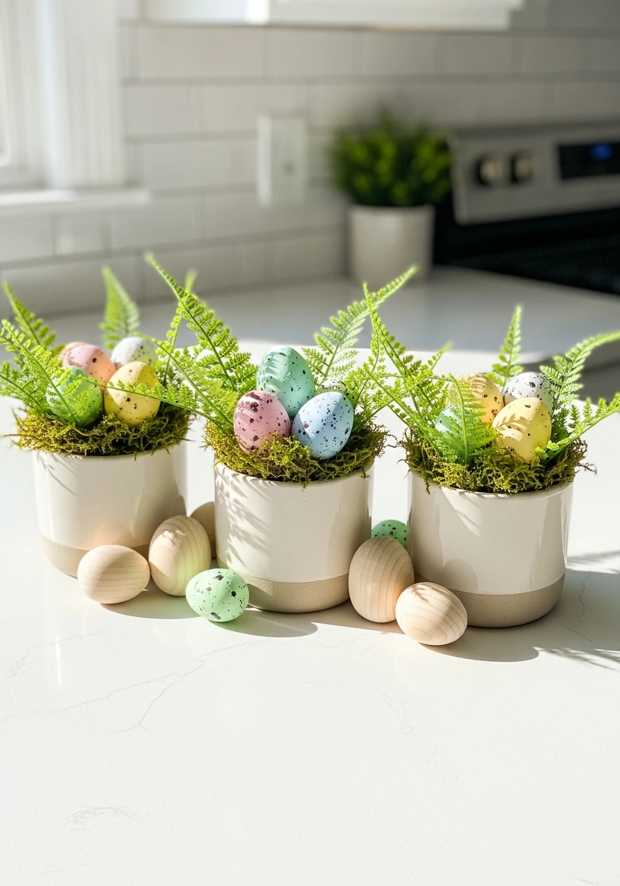 Mini Planters with Easter Eggs - 50 Budget-Friendly Easter Kitchen Decor Ideas You Can Do Today