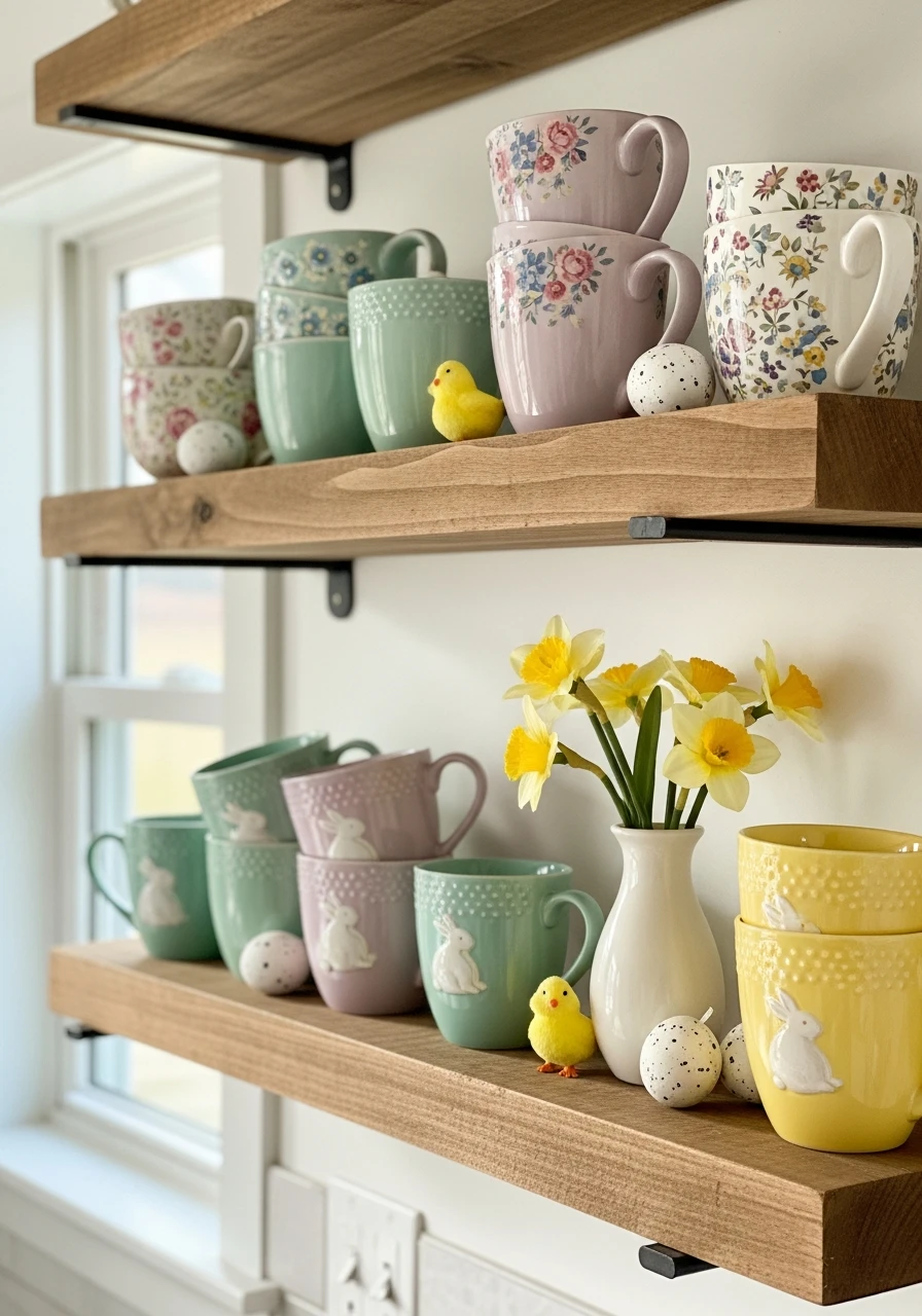 Seasonal Mug Display - 50 Budget-Friendly Easter Kitchen Decor Ideas You Can Do Today