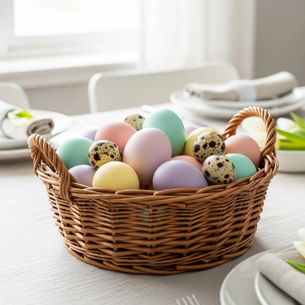 Basket of Colorful Eggs - 50 Budget-Friendly Easter Table Decor Ideas That Look High End