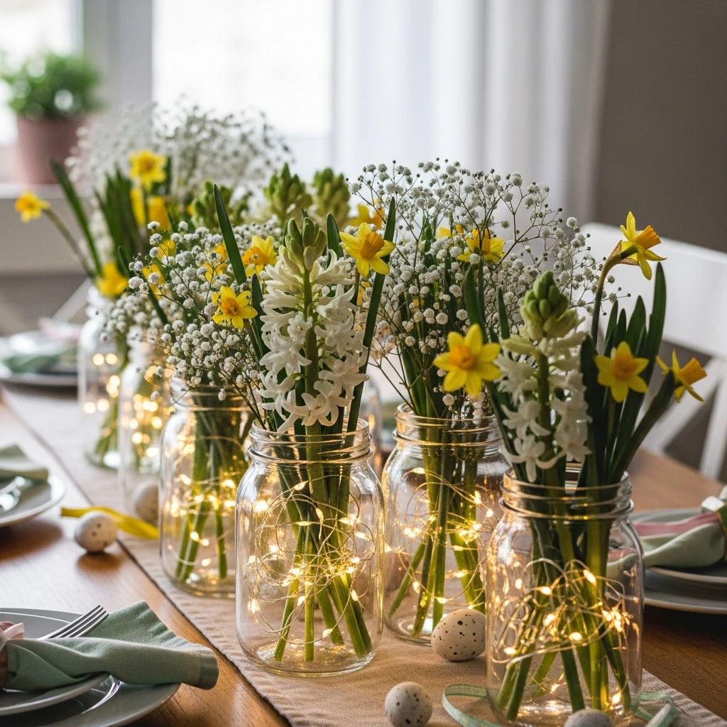 Jars with Flowers and Lights - 50 Budget-Friendly Easter Table Decor Ideas That Look High End