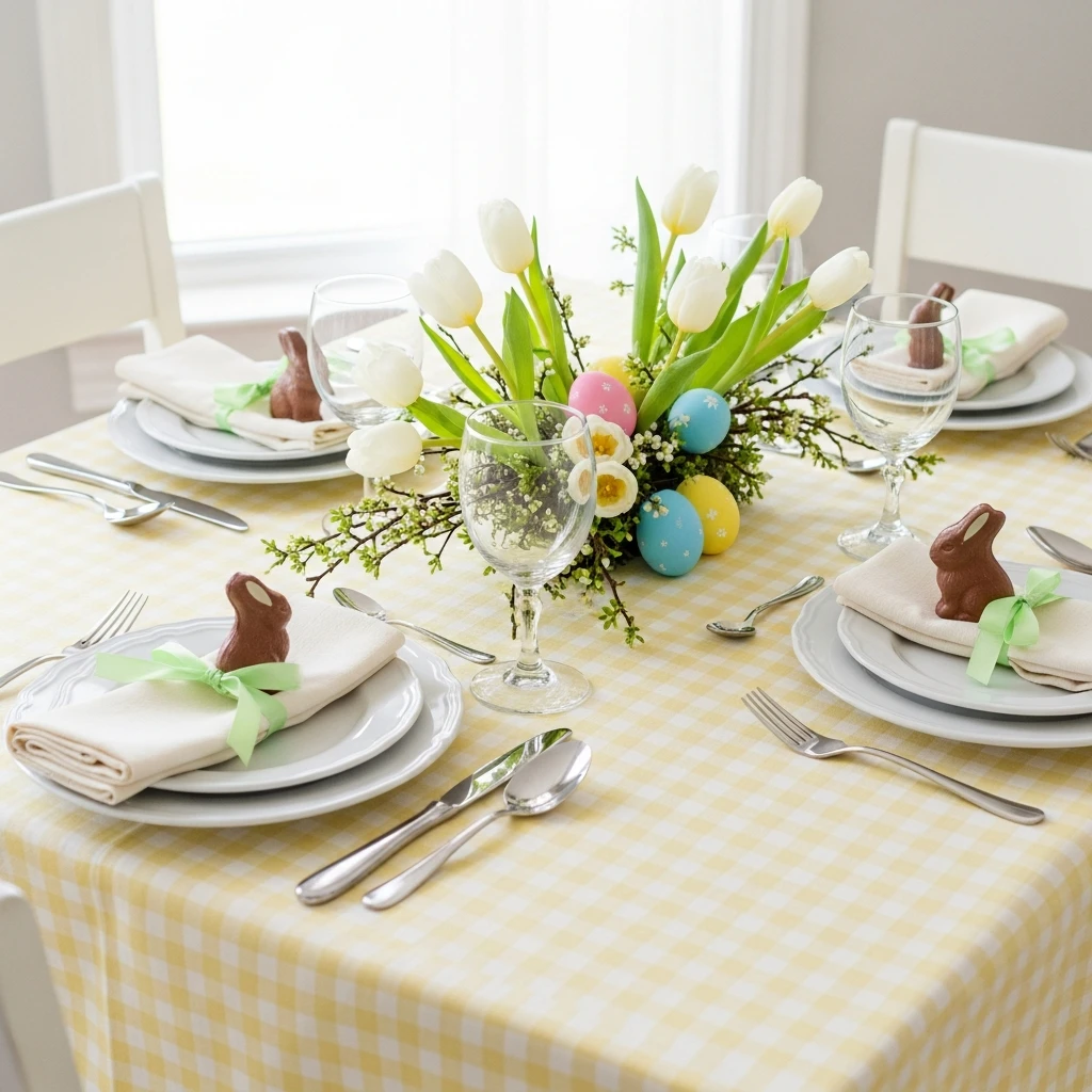 Pastel Gingham Tablecloth - 50 Budget-Friendly Easter Table Decor Ideas That Look High End