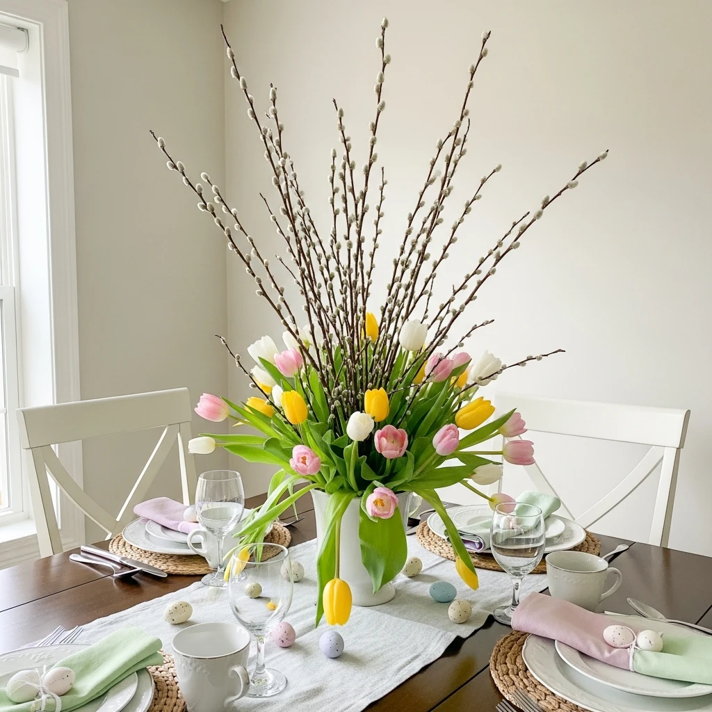 Tulips and Branches Mix - 50 Budget-Friendly Easter Table Decor Ideas That Look High End