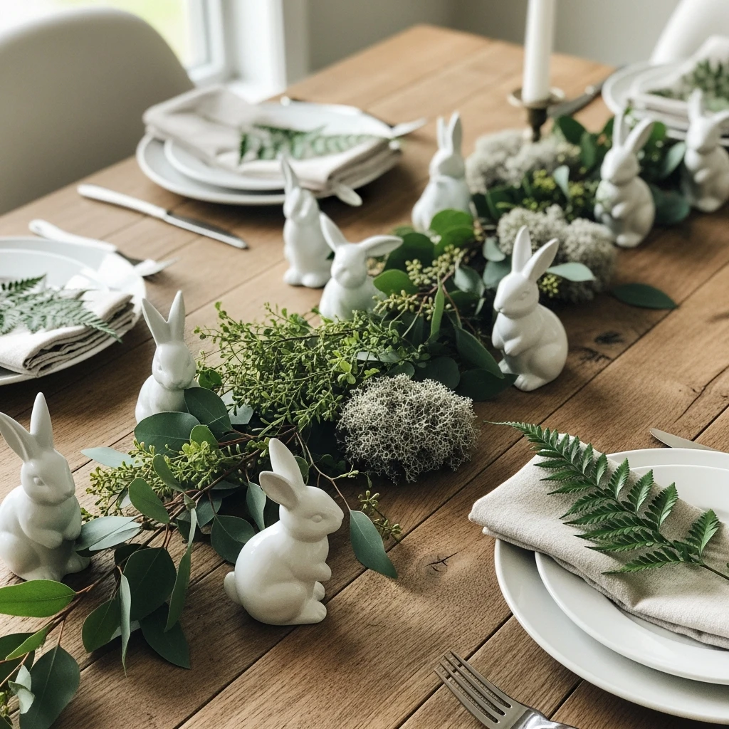 Bunny Figurines with Greenery - 50 Budget-Friendly Easter Table Decor Ideas That Look High End