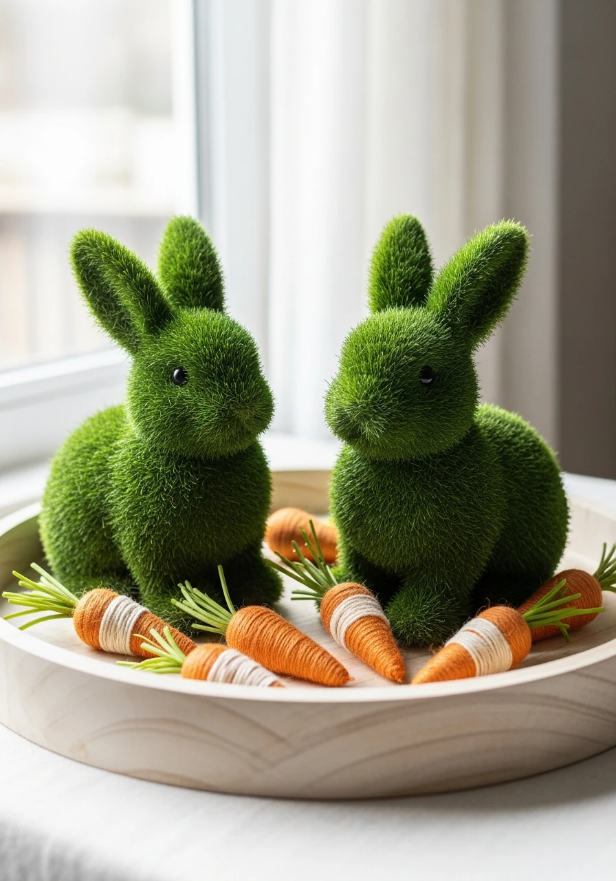 Faux Grass Bunnies with Carrots - 50 Easy Easter Tray Decor Ideas for a Stylish Spring Centerpiece