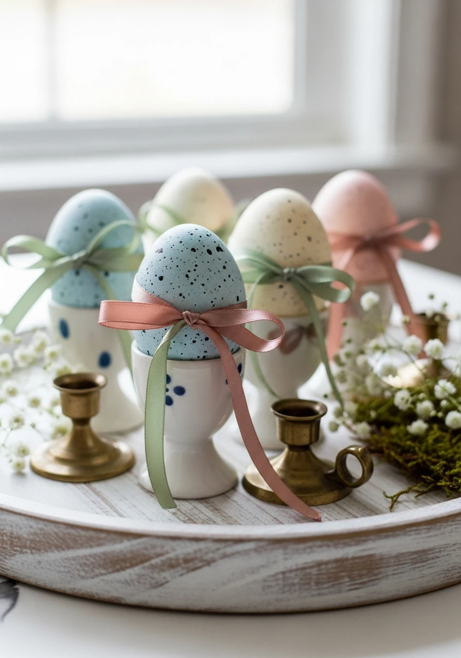 Ribbon-Tied Eggs On Stands - 50 Easy Easter Tray Decor Ideas for a Stylish Spring Centerpiece