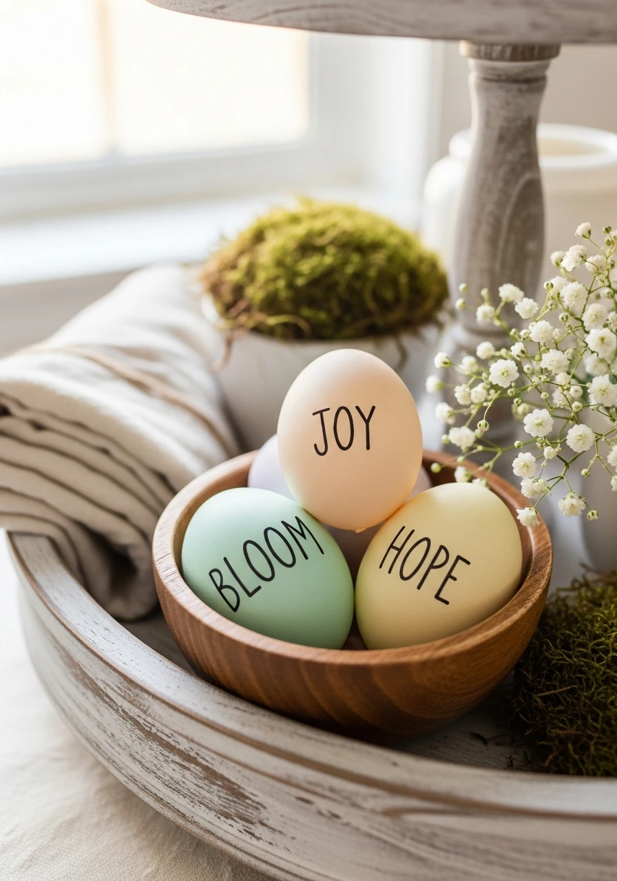Eggs with Spring Words - 50 Easy Easter Tray Decor Ideas for a Stylish Spring Centerpiece