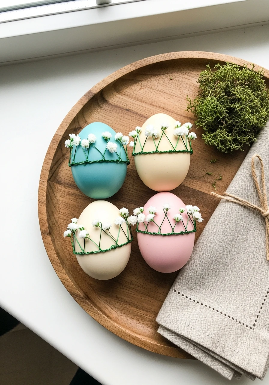 Eggs With Floral Wire Crowns - 50 Easy Easter Tray Decor Ideas for a Stylish Spring Centerpiece