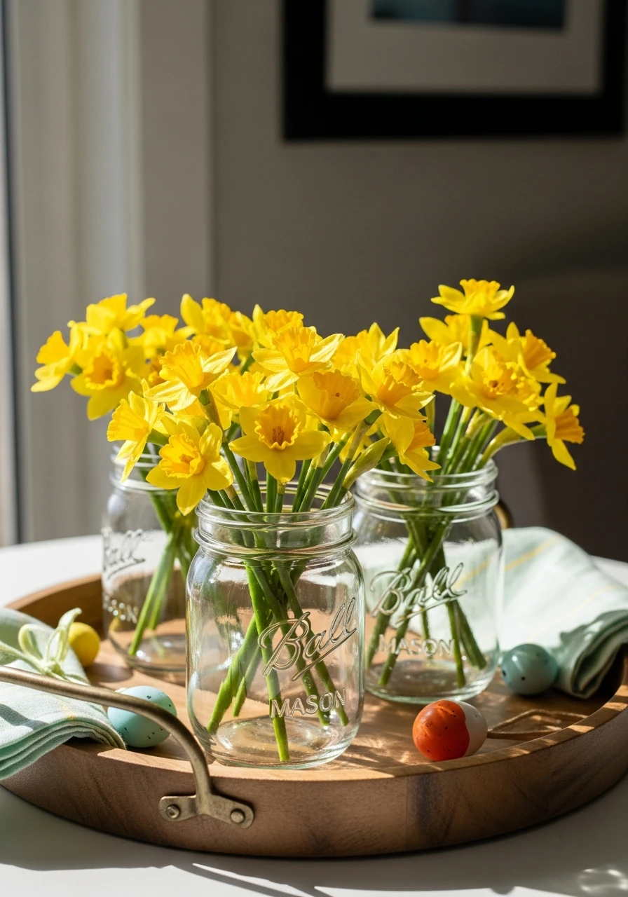 Mini Daffodils In Glass Jars - 50 Easy Easter Tray Decor Ideas for a Stylish Spring Centerpiece