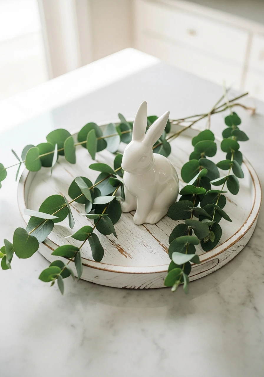 Eucalyptus With Bunny Accent - 50 Easy Easter Tray Decor Ideas for a Stylish Spring Centerpiece
