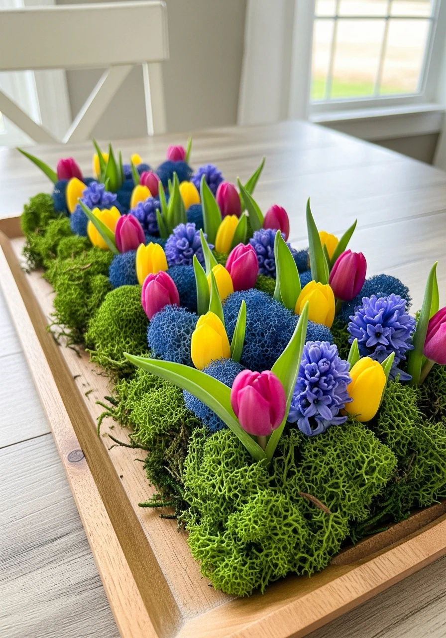Moss-Covered Base With Blooms - 50 Easy Easter Tray Decor Ideas for a Stylish Spring Centerpiece