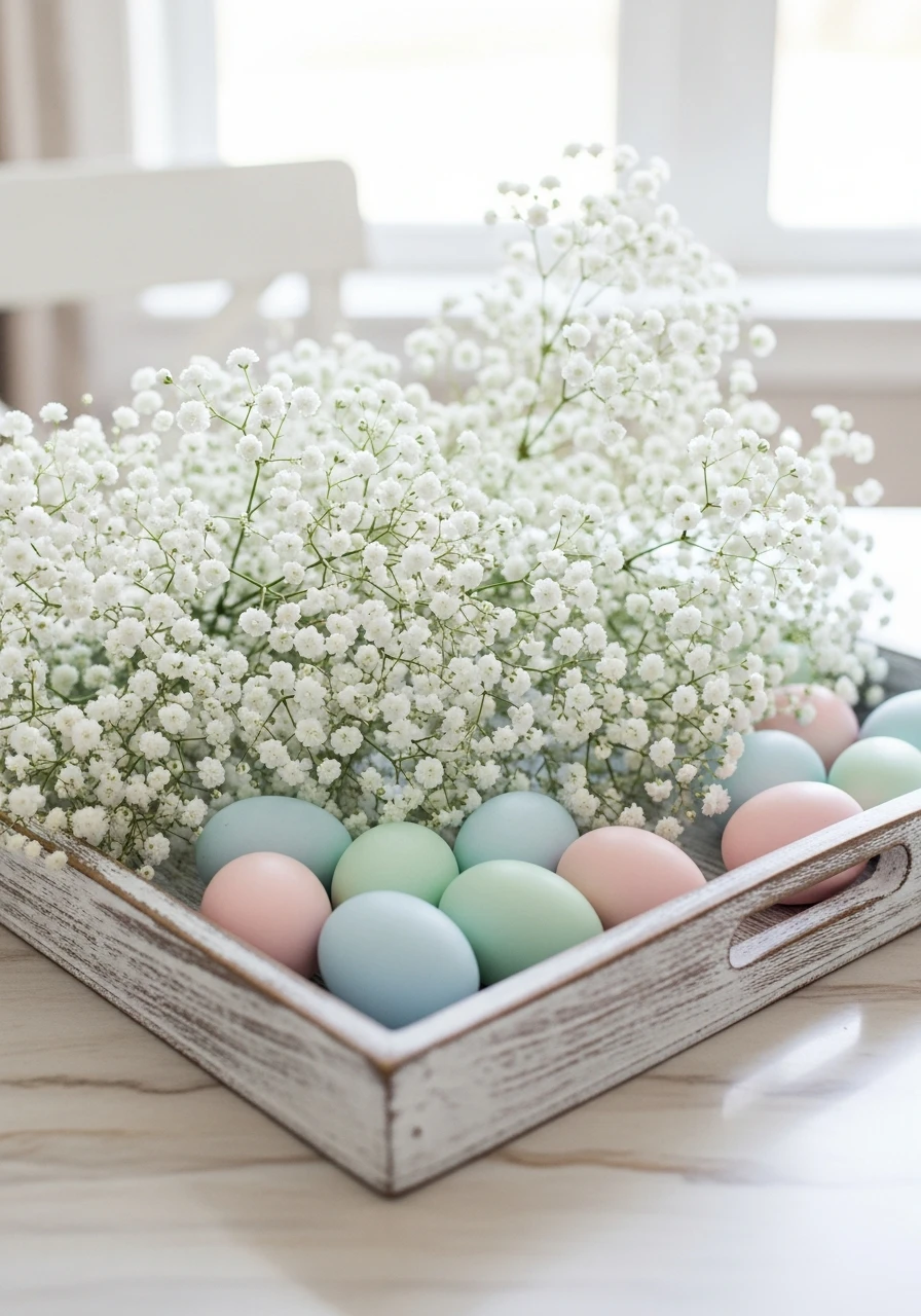 Baby’s Breath With Eggs - 50 Easy Easter Tray Decor Ideas for a Stylish Spring Centerpiece