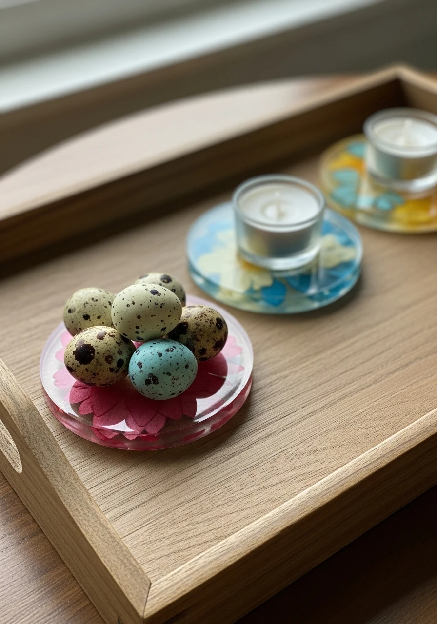 Pressed Flower Coasters As Bases - 50 Easy Easter Tray Decor Ideas for a Stylish Spring Centerpiece