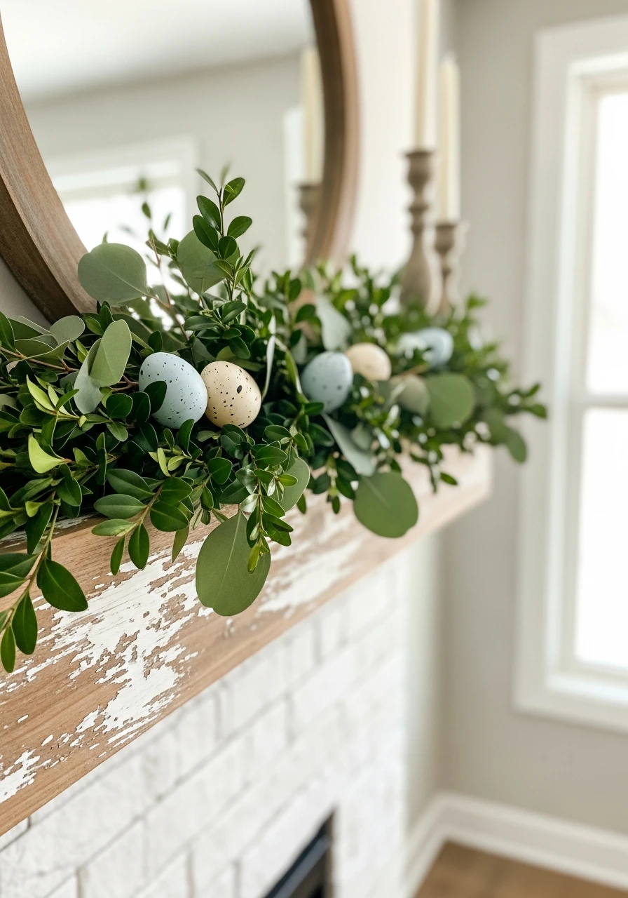 Garland Mantel With Eggs - 50 Farmhouse Easter Decor Ideas That Look High-End