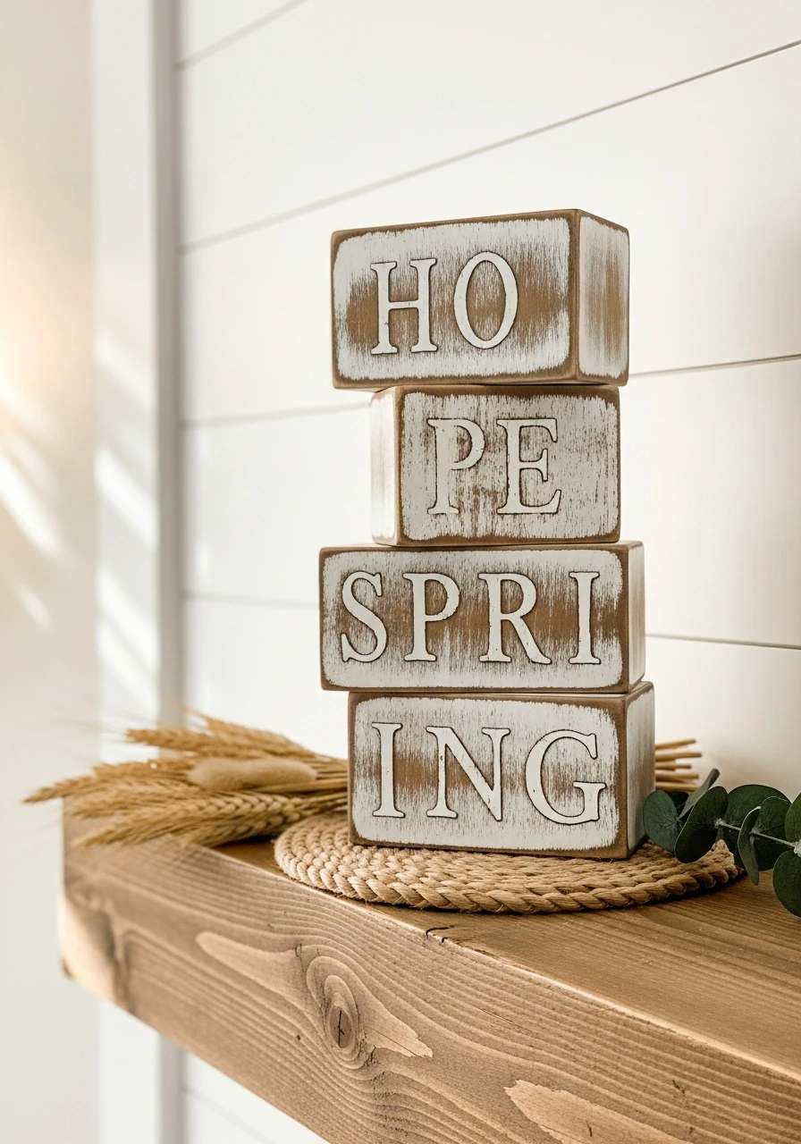 Stacked Easter Word Blocks - 50 Farmhouse Easter Decor Ideas That Look High-End