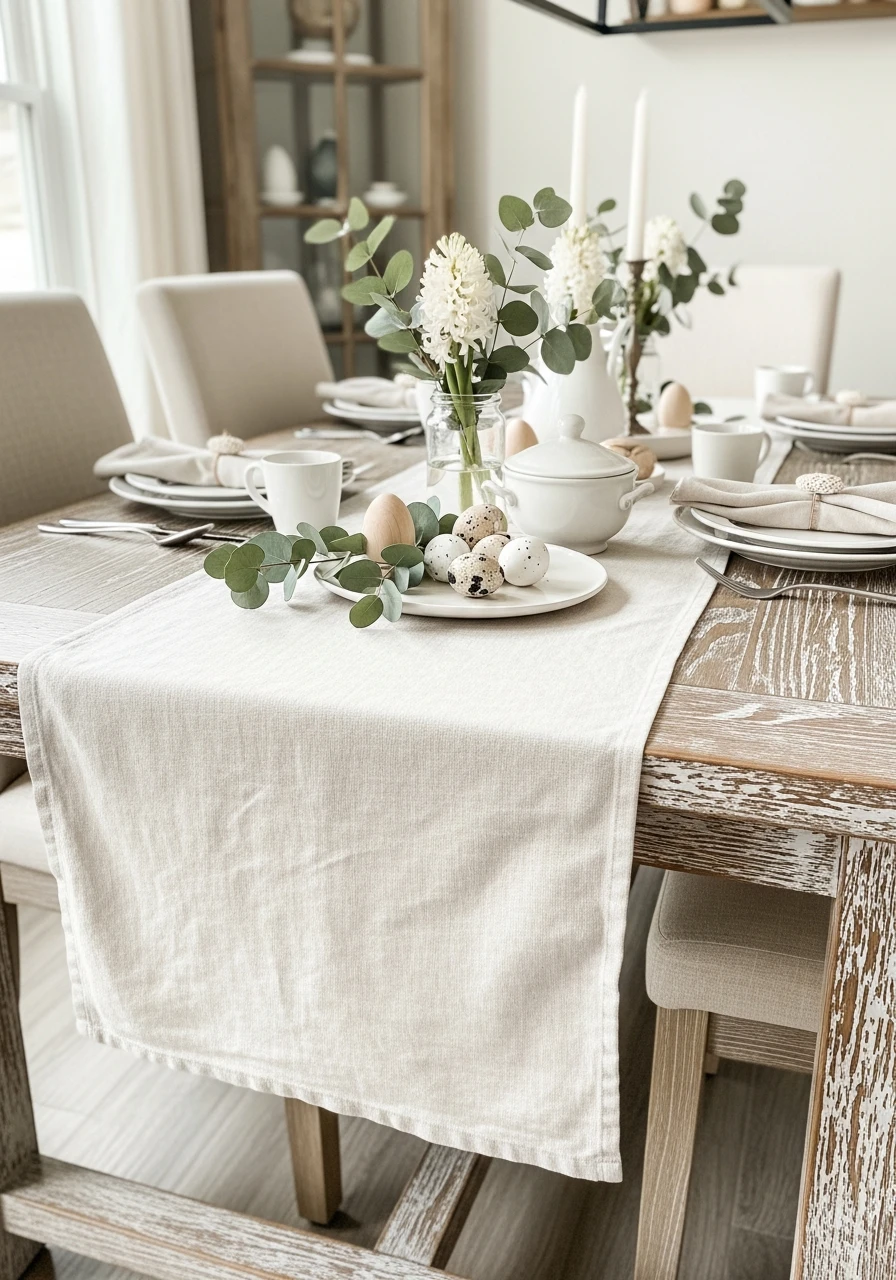 Simple Linen Table Runner - 50 Farmhouse Easter Decor Ideas That Look High-End