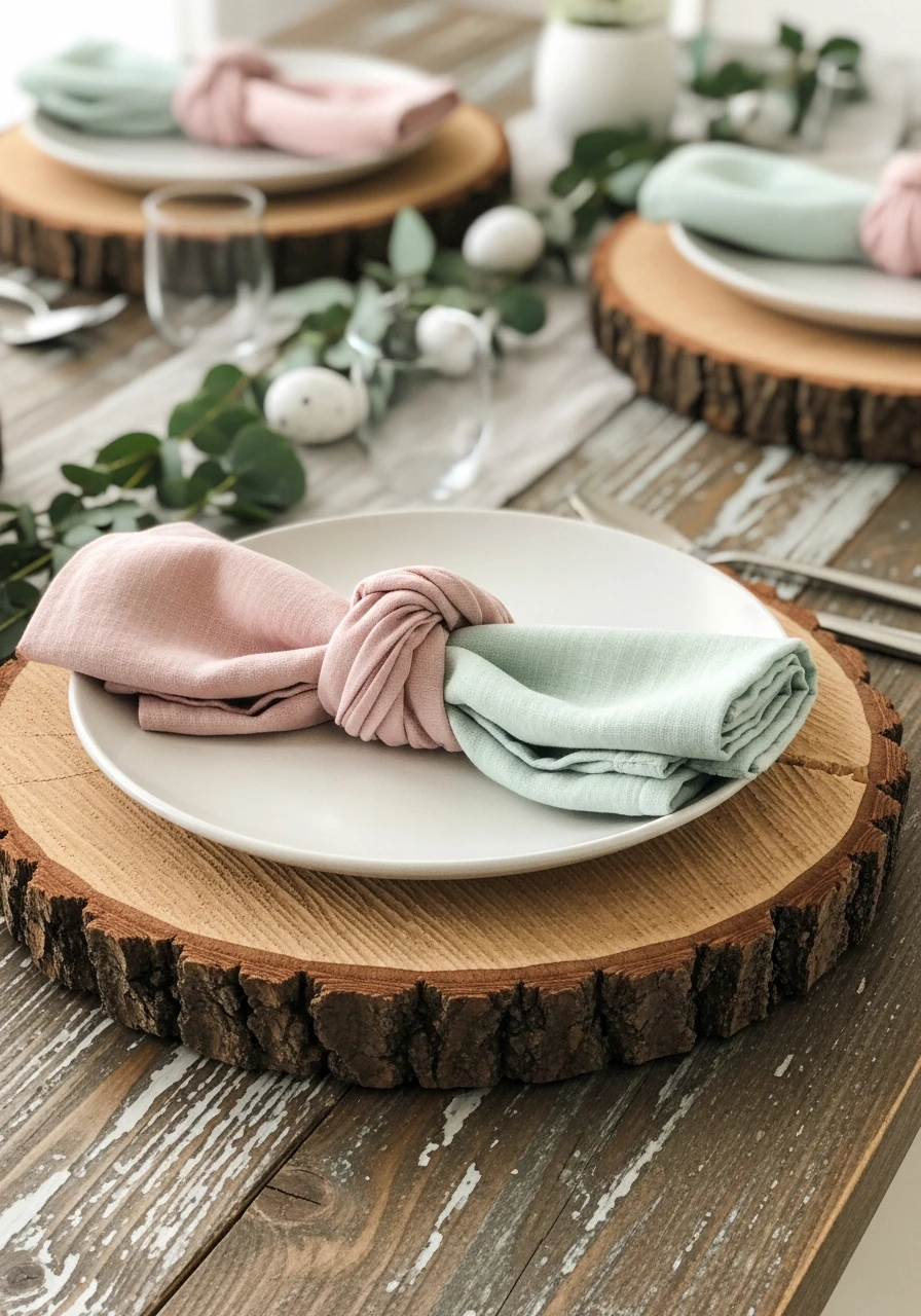 Wooden Chargers Pastel Napkins - 50 Farmhouse Easter Decor Ideas That Look High-End