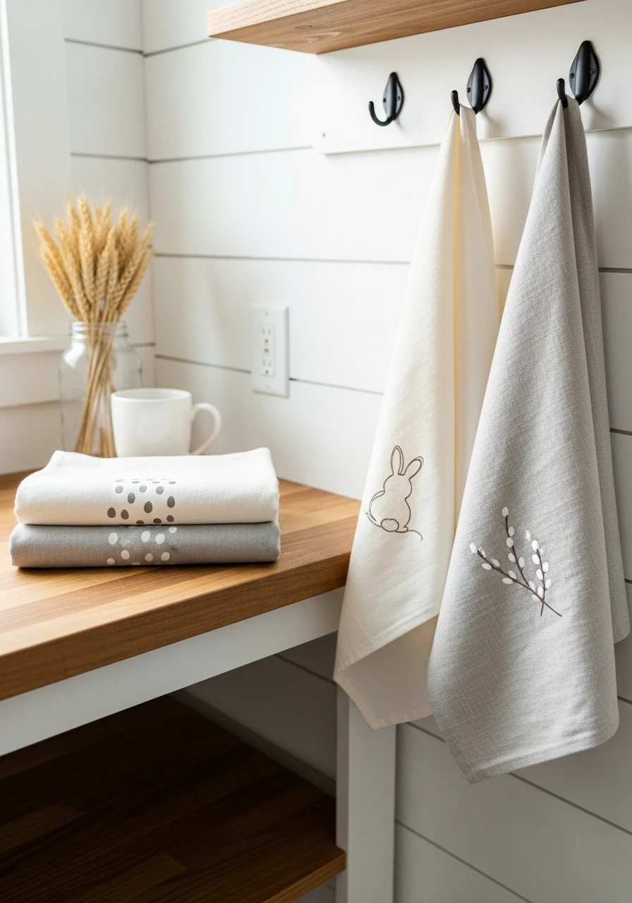 Neutral Bunny Tea Towels - 50 Farmhouse Easter Decor Ideas That Look High-End