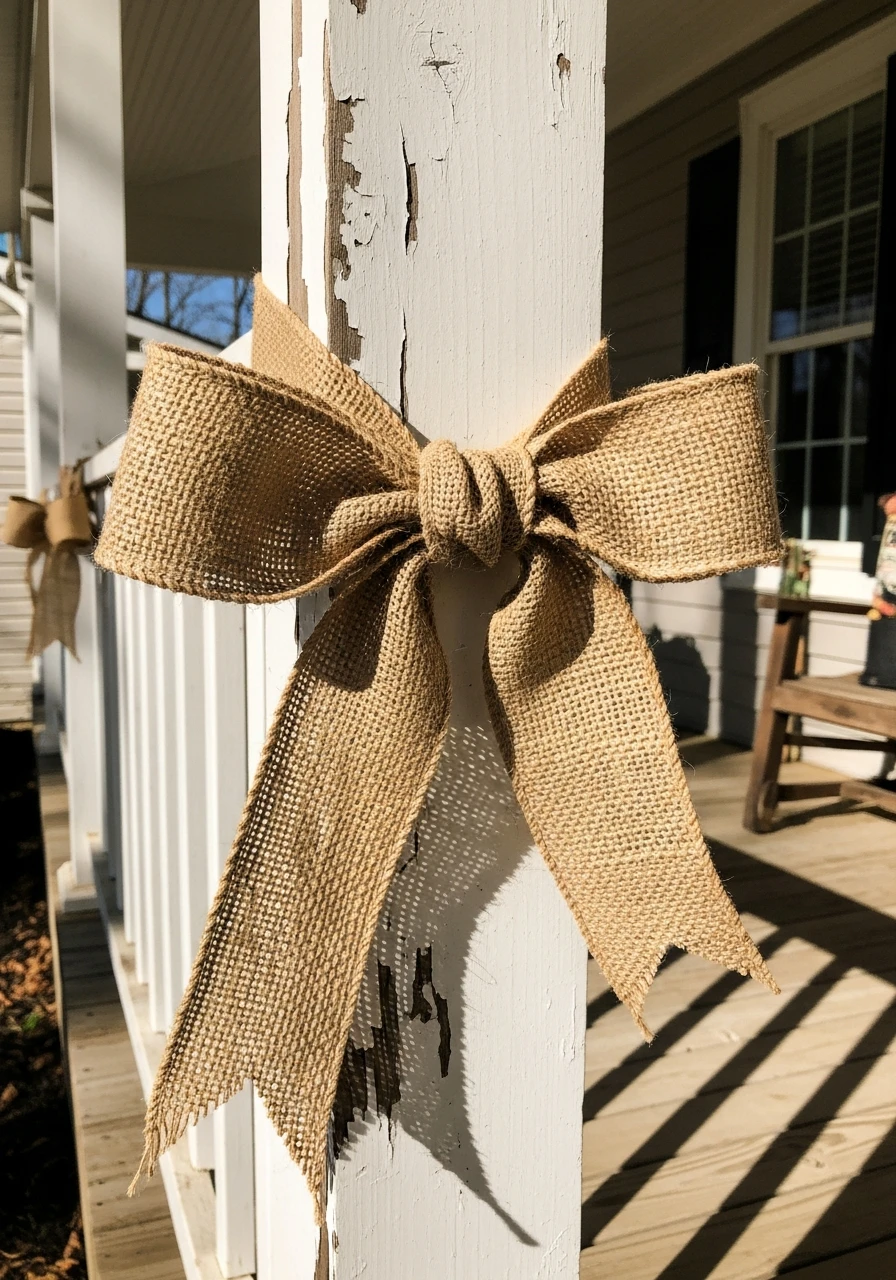 Burlap Ribbon Porch Accents - 50 Farmhouse Easter Decor Ideas That Look High-End