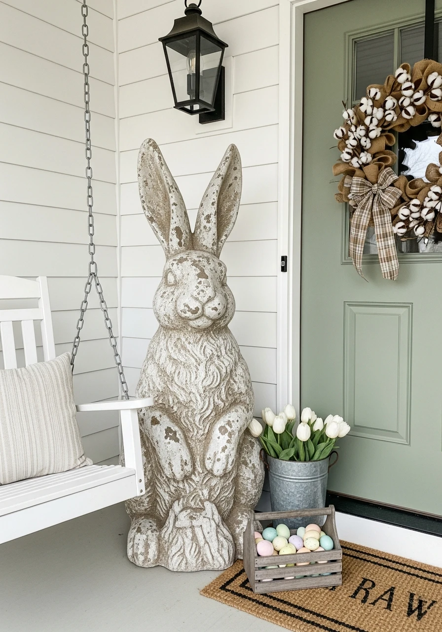 Large Rustic Bunny Statue - 50 Farmhouse Easter Decor Ideas That Look High-End