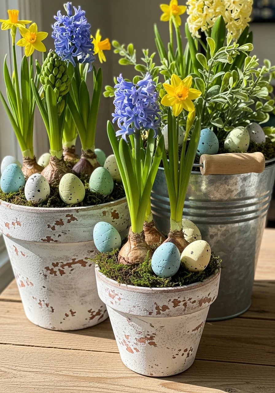 Planters With Decorative Eggs - 50 Farmhouse Easter Decor Ideas That Look High-End