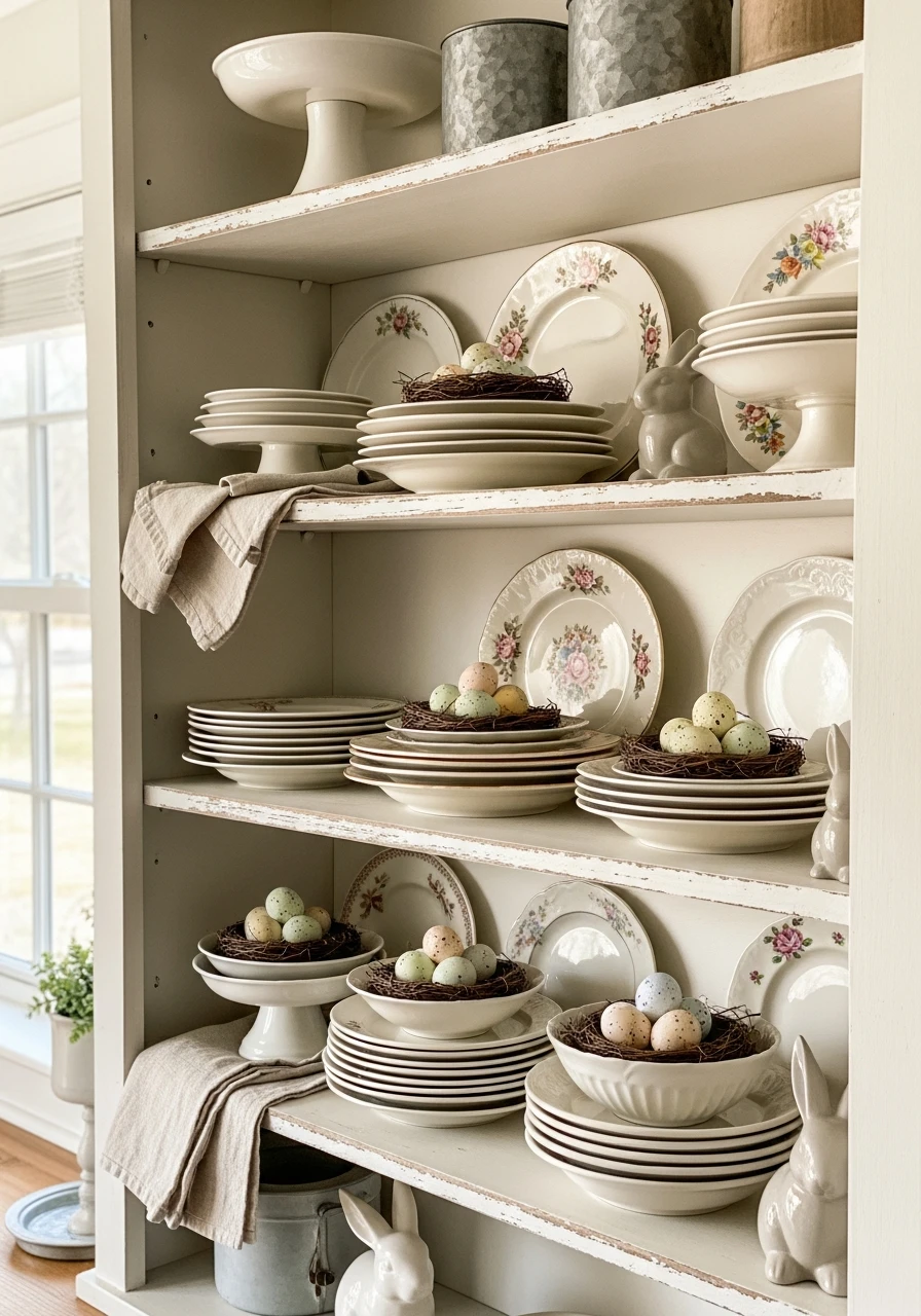 Vintage Plate Easter Shelf - 50 Farmhouse Easter Decor Ideas That Look High-End
